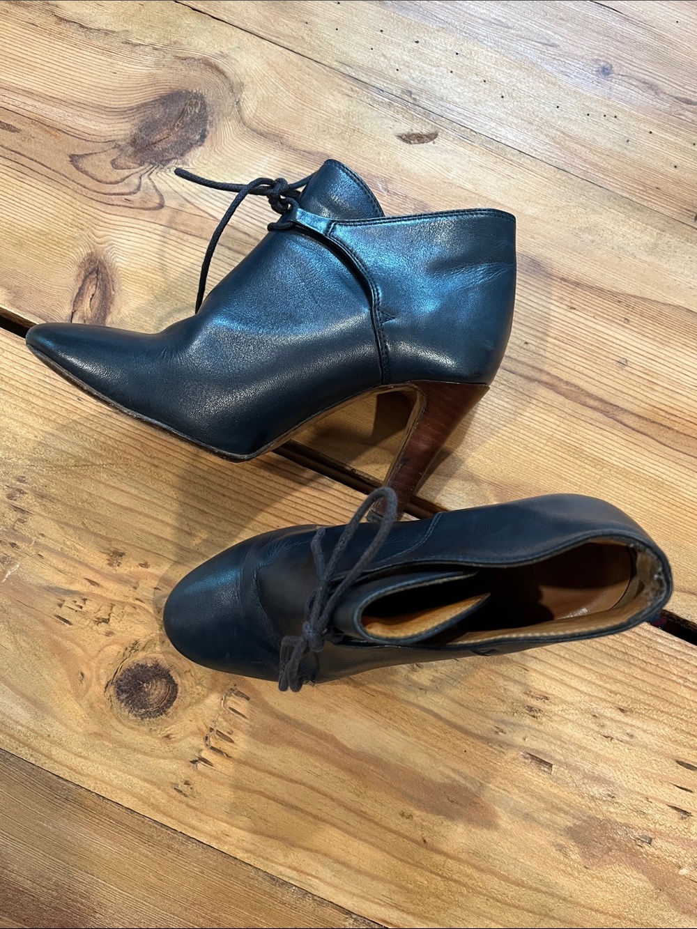 SEZANE 35 / US 5 Teal Leather Hunting Bootie Spike Heel Sexy Tie Shoe